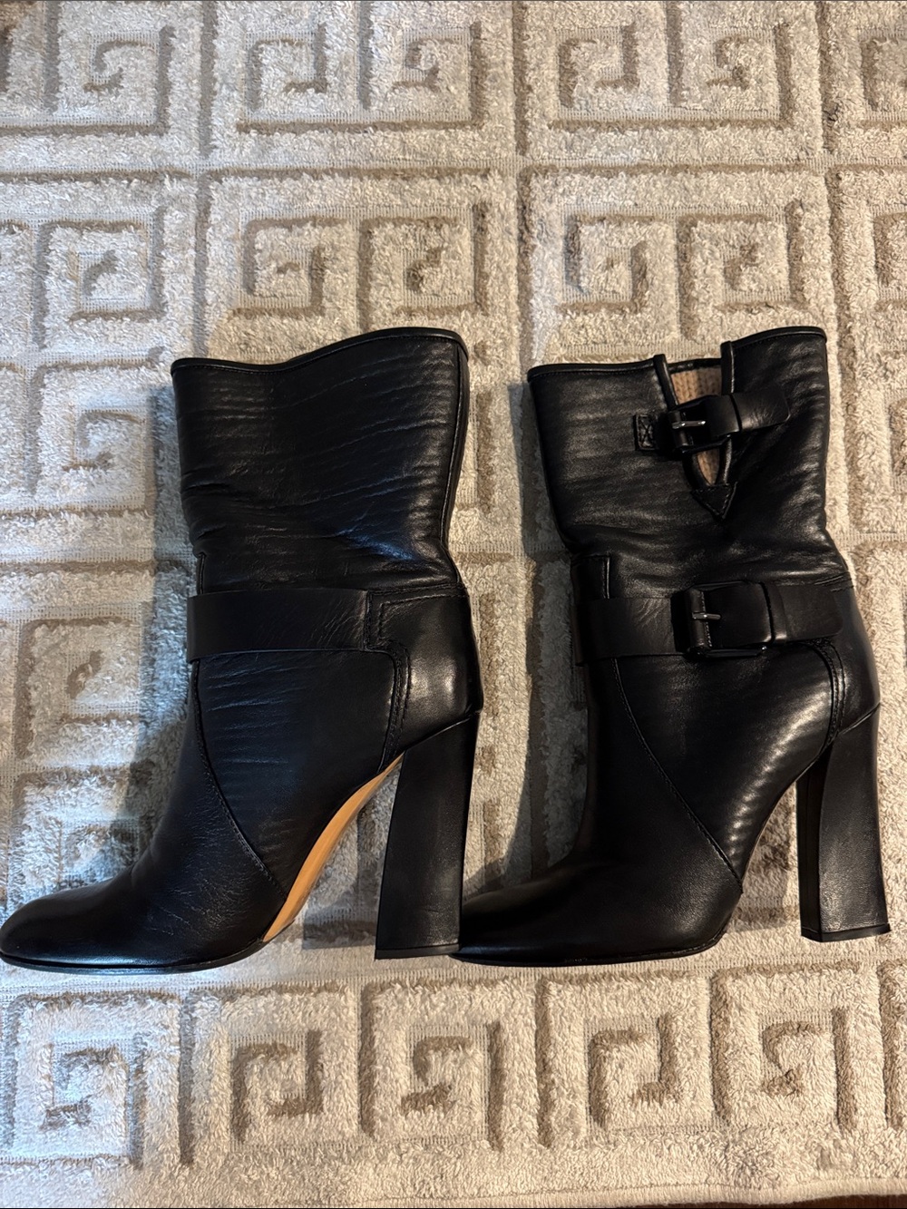 Casadei Black Leather Mid-Calf Buckle Heeled Boots